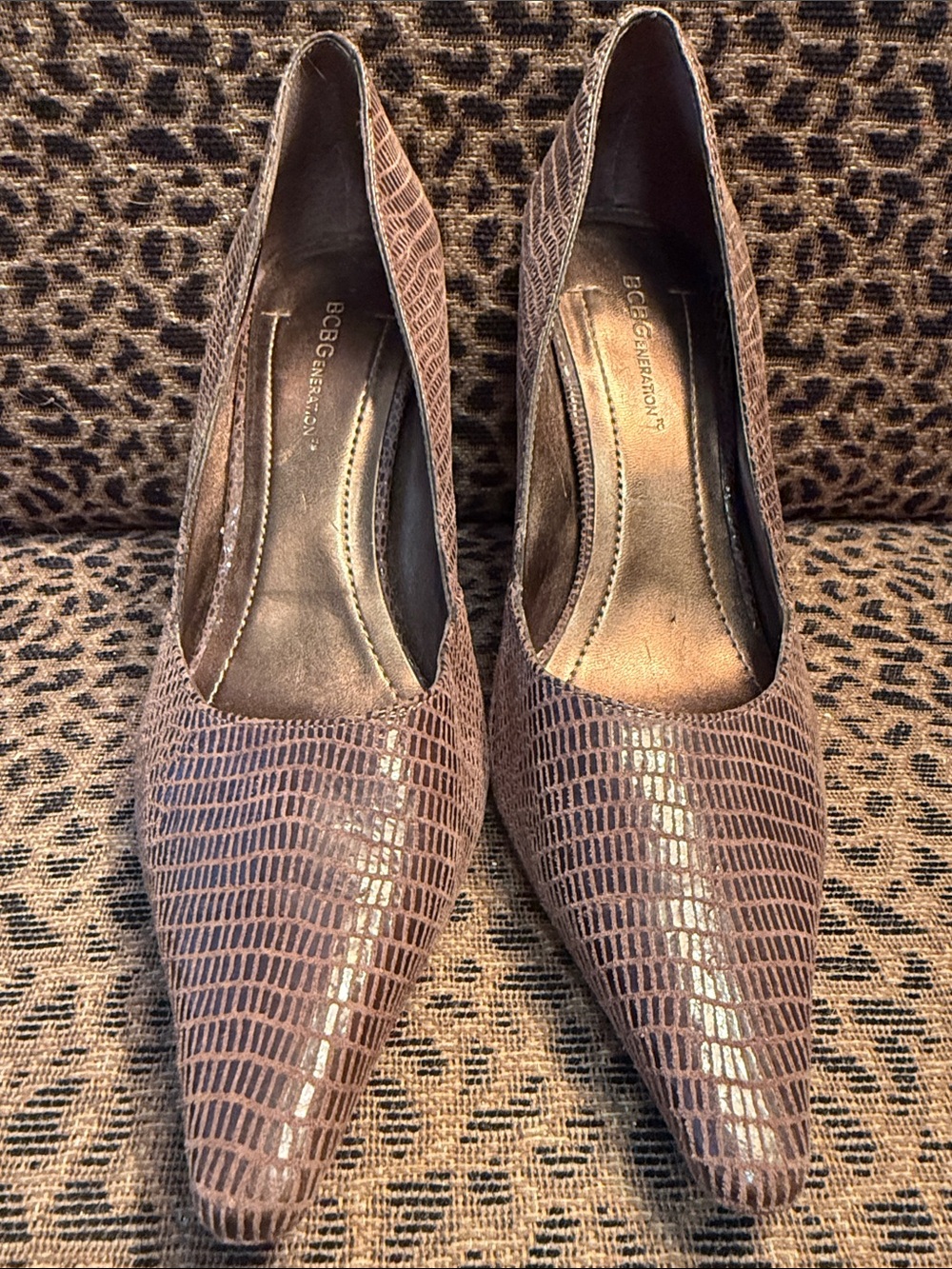 BCBGeneration Brown Lizard-Embossed Pointed Heel Pumps. Brand New.